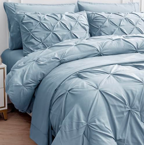 LANE LINEN Twin Comforter Set - 5 Piece - Elegant Pintuck Stitch Design Bedding - with 1 Comforter, 1 Pillowcase, 1 Sham, 1 Flat & 14" Fitted Sheet - Super-Soft, All-Season Everyday Use – French Blue LANE LINEN