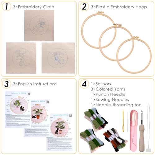 Peotclola Punch Needle Kit for Adults,3 Sets Punch Needle Kits Beginner DIY Embroidery Starter Set with Tools for Home Decoration, Family, Friends Gifts Cats