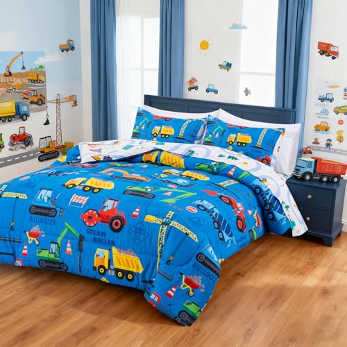 Holawakaka Trucks Excavator Cars Boy Bedding Comforter Set with Sheets, Twin Size Cartoon Construction Car Tractors Print Kids Bed in A Bag 5-Piece, Boys Reversible Dorm Bed Sets (Blue Twin) Holawakaka