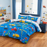 Holawakaka Trucks Excavator Cars Boy Bedding Comforter Set with Sheets, Twin Size Cartoon Construction Car Tractors Print Kids Bed in A Bag 5-Piece, Boys Reversible Dorm Bed Sets (Blue Twin) Holawakaka