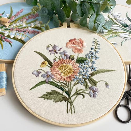 Myfelicity Embroidery kit for Adults and Beginners, Includes 3 Floral Pattern Fabrics, 3 Embroidery Hoops, Embroidery Floss and Other Tools. Myfelicity