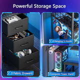 Korfile 48 Inch Gaming Desk with LED Lights & Power Outlets,Computer Desk with Fabric Drawers & Side Hook,Reversible Gamer Table with Monitor Stand for Game Room,Home Office,Carbon Fiber Black Korfile