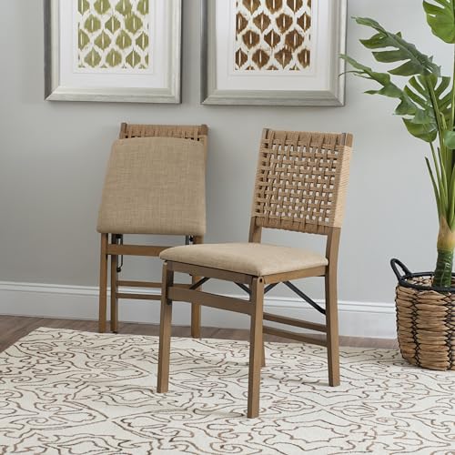 Linon Bennett Natural Folding Chair with Woven Rope Back and Linen Upholstered Seat Set of 2 - WoodArtSupply