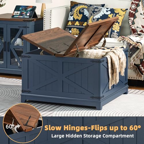 Joaxswe Farmhouse Coffee Table with Hidden Storage Organizer, Modern Square Large Center Table, Wood Farm House Low Navy Blue Living Room Tables with Hinged Lift Top for Home, Office Joaxswe