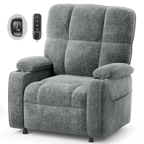 AMADA HOMEFURNISHING Power Recliner Chair for Adults, One-Touch Synchronized Electric Recliner with USB Ports, Cup Holder & Side Pockets, Thick Seat Cushion, Chenille, Living Room & Bedroom AMADA HOMEFURNISHING