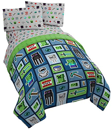 Jay Franco Minecraft Monster Hunters 4 Piece Twin Bed Set - Includes Reversible Comforter & Sheet Set - Bedding Features Creeper - Super Soft Fade Resistant Microfiber (Official Minecraft Product) Jay Franco