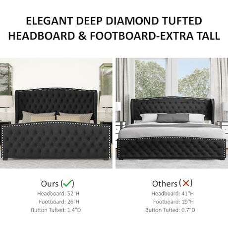 AMERLIFE Queen Size Platform Bed Frame, Velvet Upholstered Bed with Deep Button Tufted & Nailhead Trim Wingback Headboard/No Box Spring Needed/Black AMERLIFE