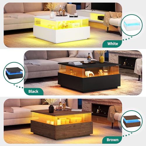 YITAHOME Coffee Table, Coffee Tables for Living Room with Storage, Square Coffee Table with 2 Sliding Drawers, Modern Coffee Table with LED Light, Acrylic Wood Center Table, Black - WoodArtSupply