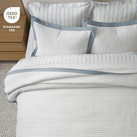 EVERGRACE Cotton Border Frame Tack-Stitch Quilt Bedding Set King Size, Coastal Oversized 3 Pieces Lightweight Bedspread Coverlet for All Season, with 2 Matching Shams, Blue Linen EVERGRACEHOME