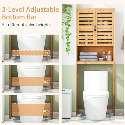 Tangkula Over The Toilet Storage Cabinet, Tall Natural Bamboo Bathroom Shelf Over Toilet with 2 Doors & Open Shelf, Freestanding Toilet Bathroom Space Saver, 24.5 x 9 x 67 Inch (Natural) - WoodArtSupply