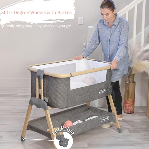 3 in 1 Baby Bassinet with Wheels, Portable Bedside Sleeper for Baby with 7 Adjustable Heights and Foam Mattress, Baby Bedside Crib for Newborns and Infants with Storage Basket, Carry Bag Incl - WoodArtSupply