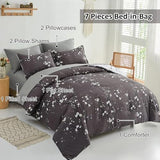 WONGS BEDDING 7 Pieces Bed in a Bag King, Floral Reversible Comforter Set Flower Plum Bedding Set King Size（1 Comforter,2 Pillowcase,2 Pillow Shams,1 Flat Sheet,1 Fitted Sheet） WONGS BEDDING