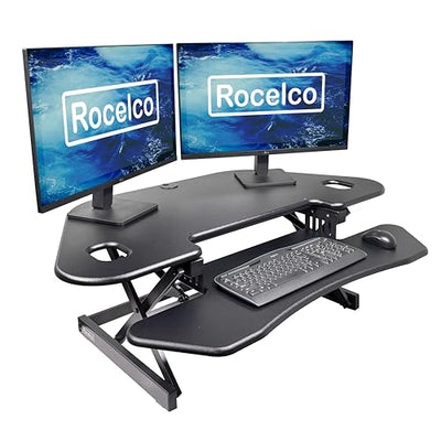 Rocelco 46" Height Adjustable Corner Standing Desk Converter - Quick Sit Stand Up Dual Monitor Riser - Gas Spring Assist Tabletop Computer Workstation - Large Keyboard Tray - Black (R CADRB-46)