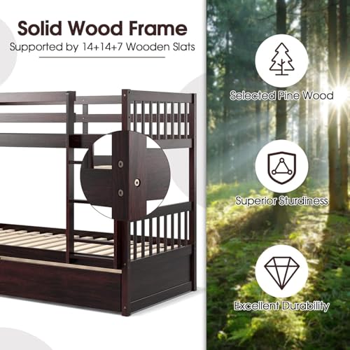 HOMGX Twin Over Twin Bunk Bed with Trundle, Wooden Removable Shelf Bunk Bed w/Ladder & Full Length Guardrail, Space-Saving Convertible Bunk Beds for Homes & Dorms (Espresso) WoodArtSupply