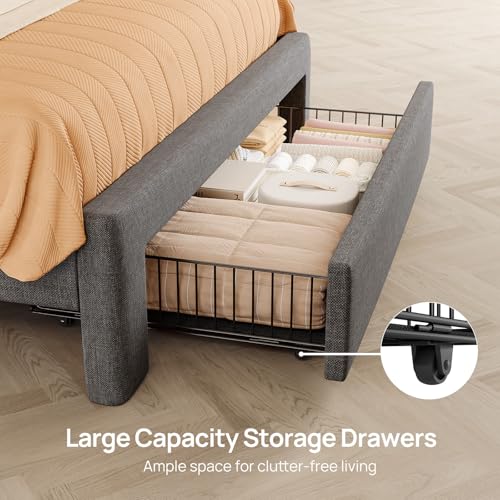 Rolanstar Twin Bed Frame with Drawer, Storage Headboard with Charging Station and LED Lights, Upholstered Bed with Heavy Duty Wood Slats, No Box Spring Needed, Noise Free, Easy Assembly, Dark Grey Rolanstar