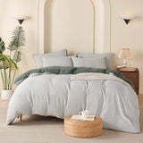 TISPLR King Duvet Cover Set Striped Washed Microfiber Jacquard 3 Pieces Bedding Set, Green White Vertical Ticking Stripes Pattern Comforter Cover with Zipper Closure Breathable Durable Soft Comfy TISPLR