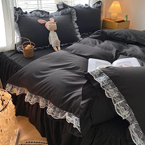 MOOWOO Ruffle Duvet Cover Full Size - Cute Girl Lace Bedding Includes 1 Duvet Cover 90x90 Inches with Zipper Closure & 2 Pillow Shams, No Comforter - Black, Full MOOWOO