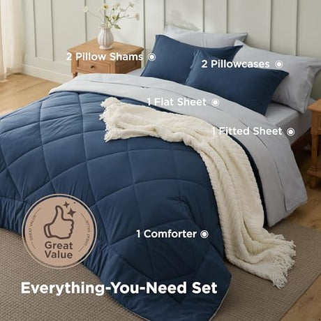 Bedsure Queen Comforter Set - 7 Pieces Reversible Navy Bedding, Queen Size Bed Set for All Seasons, Bed in a Bag with Down Alternative Comforter, Sheets, Pillowcases & Shams Bedsure