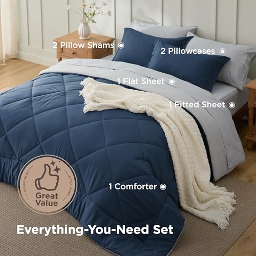 Bedsure Full Size Comforter Set - 7 Pieces Reversible Navy Bedding, Full Size Bed Set for All Seasons, Bed in a Bag with Down Alternative Comforter, Sheets, Pillowcases & Shams Bedsure