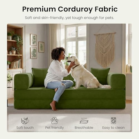 CUBENTE 78.8" Convertible Sofa Bed,Corduroy Futon Couch with Storage Pocket,Folding Pull Out Futon Sofa,No Assembly Boneless Couch for Living Room,Green CUBENTE