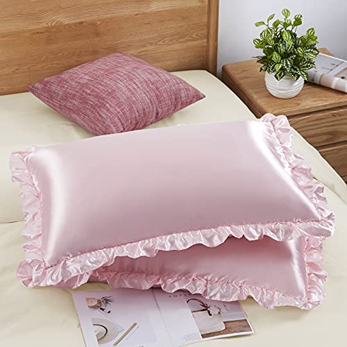 SiinvdaBZX Ruffled Queen Satin Pillowcase Set of 2, Blush Pink Silky Satin Pillow Cases for Women Ruffle Pillow Shams Covers Princess Room Decoration, with Envelope Closure SiinvdaBZX
