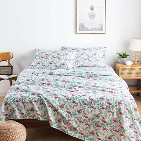 Twin Bed Sheets Set 3PC - Soft Cooling 1800 Thread Count Microfiber Flamingo Plants Boho Printed Sheet, 8 - 17 Inch Deep Pocket Hypoallergenic, Wrinkle Free, Machine Washable Patterned Single Bedding KACEMOO