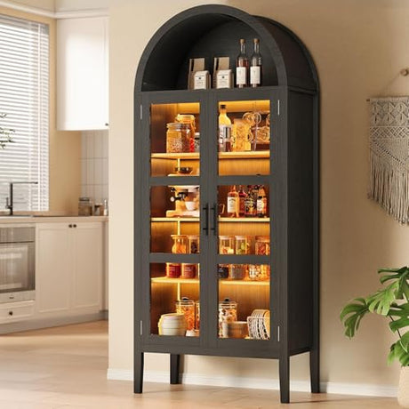 IDEALHOUSE 70" Arched Pantry Cabinet with LED Lights & Glass Doors, Modern MDF Freestanding Kitchen Storage Cabinet with Open Shelf, Cupboard for Dining Room, Living Room IDEALHOUSE