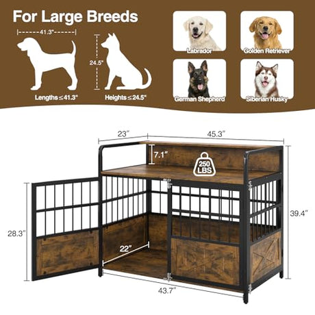 Halitaa 45.3" Dog Crate Furniture for Large Breed, Heavy Duty XL Dog Kennel Indoor with Storage Shelf, Farmhouse Wooden Pet Crate, Chew-Resistant, Brown (45.3" W x 23" D x 39.4" H) Halitaa