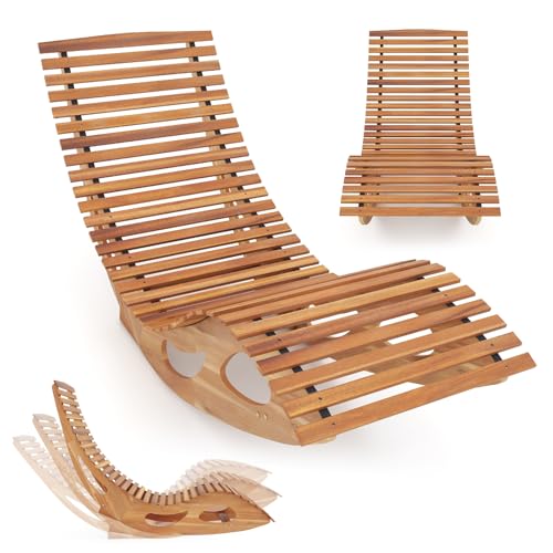 HAPPYGRILL Outdoor Acacia Wood Chaise Lounge, Rocking Chair with High Back, Slatted Seat, Stopper, Outside Wood Rocker, 350 Lbs Capacity Sun Lounger