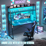 Besiost Gaming Desk with Hutch and LED Lights, Gaming Computer Desk with Power Outlets, Gamer Desk with Storage Shelves, PC Game Desks with Pegboards, for Bedroom, Carbon Fiber Black, 49" Besiost