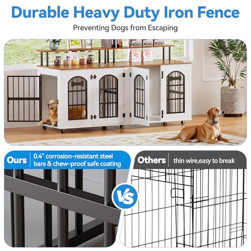 Petrova 63" Dog Crate Furniture for 2 Dogs, Heavy Duty Indoor Dog Kennel for Medium/Large Dogs, Wooden Dog Cage with Removable Divider, 6 Lockable Wheels, Storage Compartment, White Petrova