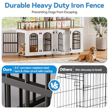 Petrova 63" Dog Crate Furniture for 2 Dogs, Heavy Duty Indoor Dog Kennel for Medium/Large Dogs, Wooden Dog Cage with Removable Divider, 6 Lockable Wheels, Storage Compartment, White Petrova