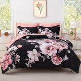 Floral King Size Comforter Set - 7 Piece Botanical Black and Pink Bed in a Bag Ulter Soft Microfiber Bedding Set, Lightweight Bed Comforter Set with Sheets for All Season (Black, King) LLDSYW