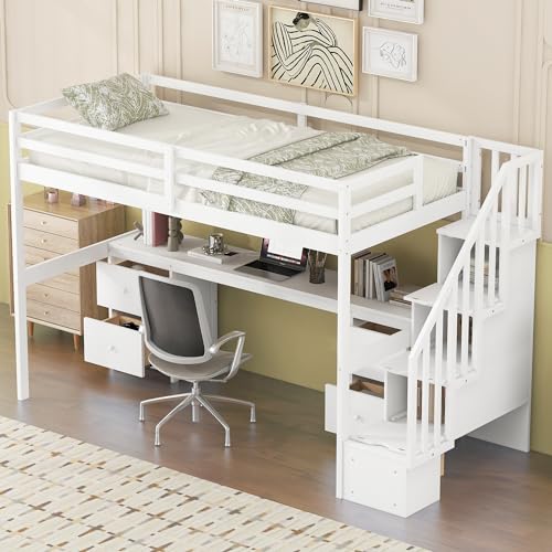 Harper & Bright Designs Twin Size Loft Bed with Stairs and Desks, Wood Loft Bed Frame with Storage Drawers, White Harper & Bright Designs