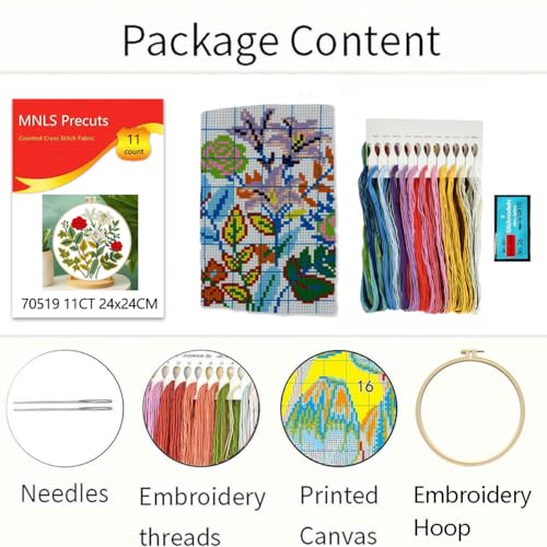Zhenqing Rose and Lily Cross Stitch Kit for Beginners - 11CT 24x24cm Pre-Printed Pattern with Embroidery Hoop, Threads & Tools, Floral Design(70519)