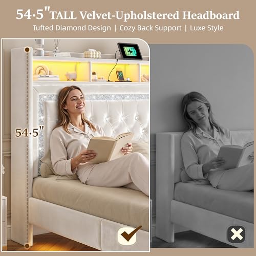 Homkdom Floating Bed Frame Queen with LED Lights & Charging Station, Upholstered Queen Bed Frame with Tall Velvet Storage Headboard, Heavy Duty Metal Slats/No Box Spring Needed/No Noise, Modern,Beige Homkdom