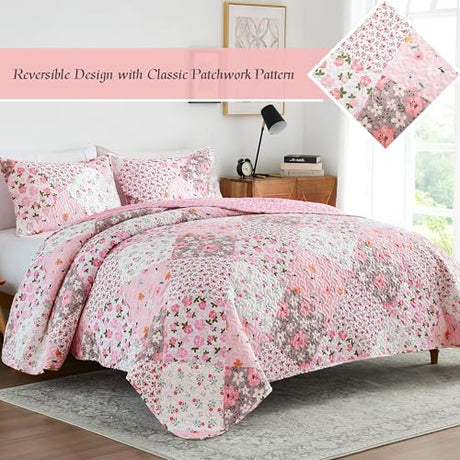Whale Flotilla Patchwork Quilt Twin Size, Extra Soft Boho Floral Bedspreads for Bed Reversible Lightweight Twin Quilt Bedding Set Printed Coverlets with 1 Pillow Sham for All Seasons, Pink Whale Flotilla