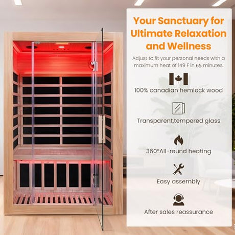 Iwoodhome Canadian Hemlock 2 Person Infrared Sauna with Red Light Therapy, Bluetooth, 1760W 120V Low EMF with Control Pane Home Indoor Dry Sauna Room for Gym & Spa 2Person 47.2" W x 39.4" D x 72" H IWOODHOME