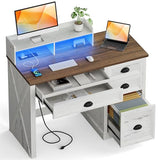 Lareth Computer Desk with Monitor Stand, 47 in Farmhouse Home Office Desk with LED Lights Power Outlets, Executive Desk with Storage for Working Gaming, Study Writing Table for Bedroom, Antique White Lareth