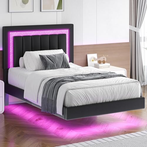 HOMBCK Floating Bed Frame Twin with Smart LED Lights, Faux Leather Upholstered Platform Bed with Diamond Headboard, No Box Spring Needed, Noise Free, Easy Assembly, Black HOMBCK