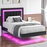 HOMBCK Floating Bed Frame Twin with Smart LED Lights, Faux Leather Upholstered Platform Bed with Diamond Headboard, No Box Spring Needed, Noise Free, Easy Assembly, Black HOMBCK
