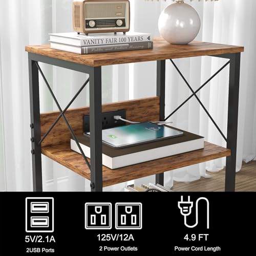 Sthmec 3 Tiers End Table with Charging Station, LED Side Small Table Turntable for Vinyl Storage, Records Player Stand for Albums, Vinyl Holder Shelf Tables for Living Room, Bedroom Rustic Brown Generic
