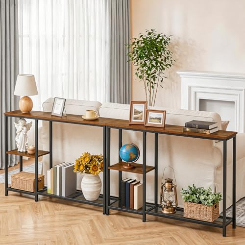 HOOBRO Narrow Console Table, Sofa Table, 44.9" Skinny Entryway Behind Couch Table with Storage Shelves, Long Hallway Table for Living Room, Foyer, Hallway, Rustic Brown and Black BF86XG01 HOOBRO