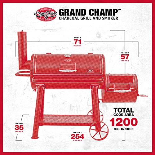 Char-Griller® Grand Champ Charcoal Offset Grill and Smoker, Premium Heavy Duty Steel, Folding Front Shelf, Barrel Grill with Side Firebox, Black, Model 8250 Char-Griller