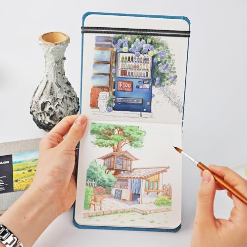 Funto Watercolor Journal, Square, 5.5x5.5, Portable 2-Pack, 48 Pages Each, Blue Cover, 110lb/230gsm, Art Supplies for Mixed Media Funto