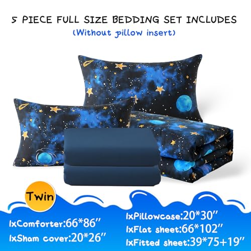 Aqzuxira Glow in The Dark Kids Comforter Set, 5 Pieces Blue Space Bedding Set Twin Size for Boys Girls Teen, 1 Comforter, 1 Pillowcase, 1 Pillow Sham, 1 Flat Sheet, 1 Fitted Sheet Aqzuxira