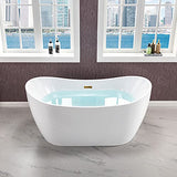WOODBRIDGE 59" Acrylic Freestanding Bathtub Contemporary Soaking White Tub with Brushed Gold Overflow and Drain，BTA1516-BG-Drain-&O WOODBRIDGE