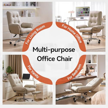 EMIAH Office Chair with Foot Rest Criss Cross Chair with Wheels and Flip-up Arms Reclining Desk Chair Comfy Wide Seat PU Leather Rolling Computer Home Office Chair (Beige) EMIAH
