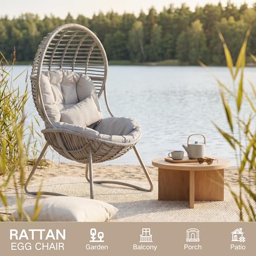 Kingdura Outdoor Wicker Egg Chair with Cushion, Oversized PE Rattan Chair, All-Weather Patio Lounge Chair for Balcony Porch Lawn & Indoor, 440LBS Capacity (Beige) Kingdura