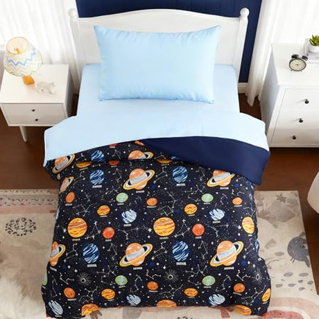 Toddler Bedding Set - 4 Pieces Toddler Comforter Set for Kids Boys, Glow in The Dark Space Bed in A Bag with Sheets Kaleido Space